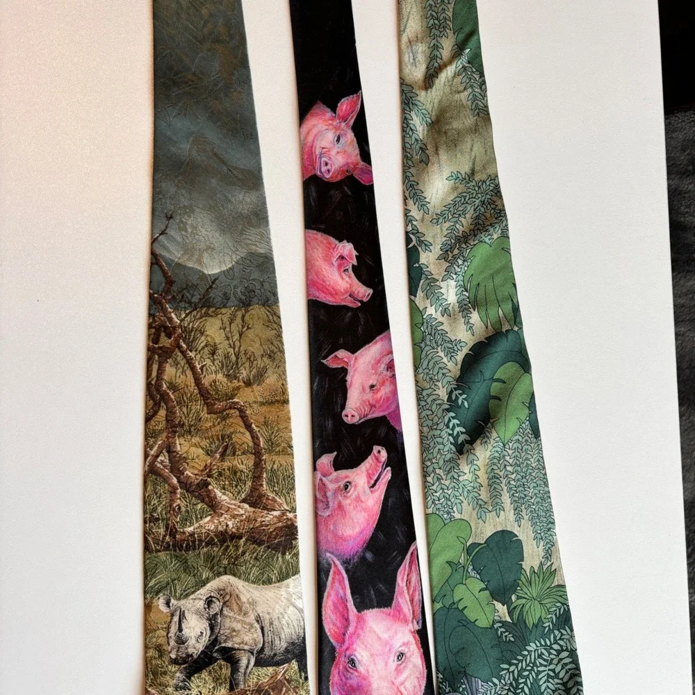 Lot 3 Vtg Animal Print Neckties Wildlife Endangered Species WWF Mens Tie Novelty